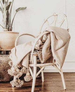 PomPom Throw Blanket Plaid Tassel, Caramel