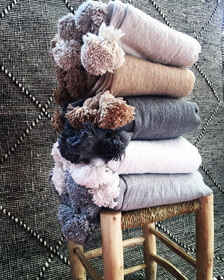 PomPom Throw Blanket Plaid Tassel, Off-White