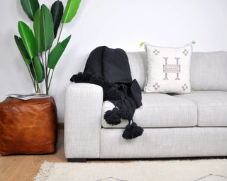 PomPom Throw Blanket Plaid Tassel, Off-White