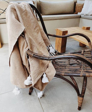 PomPom Throw Blanket Plaid Tassel, Off-White