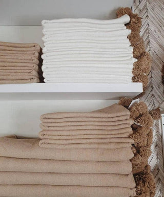 PomPom Throw Blanket Plaid Tassel, Off-White