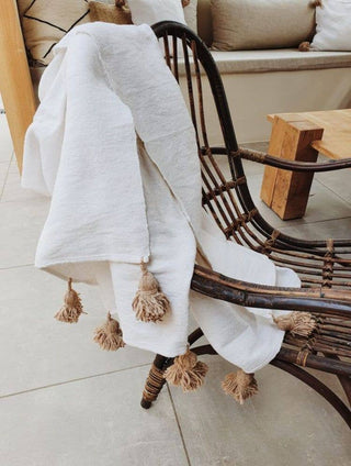 PomPom Throw Blanket Plaid Tassel, Caramel