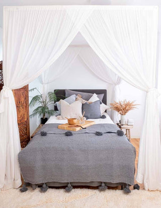 PomPom Throw Blanket Plaid Tassel, Cream With Caramel PomPom